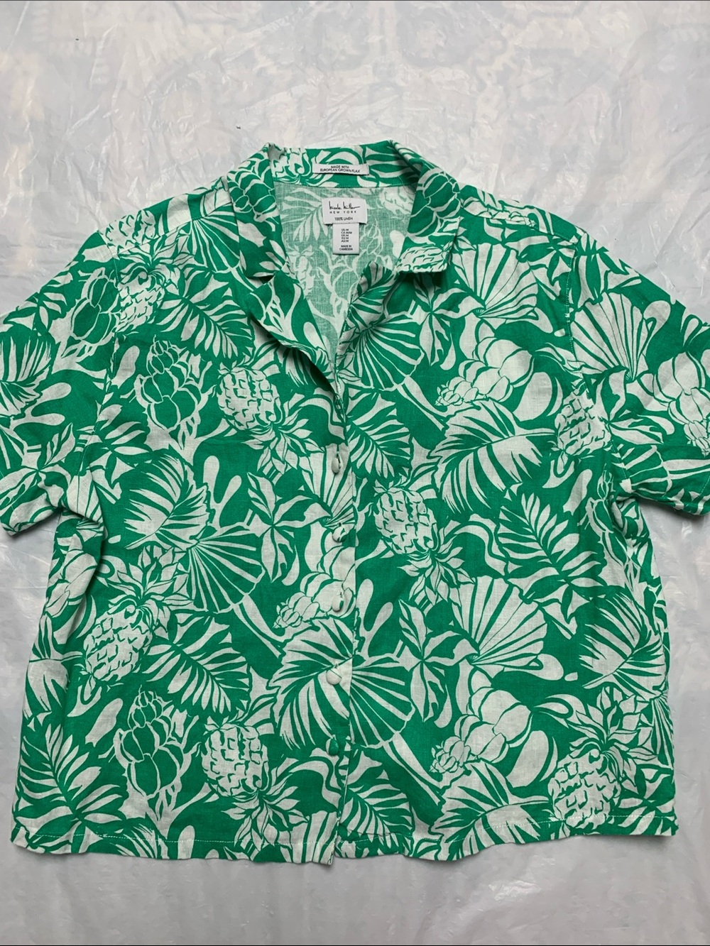Nicole Miller 100% Linen Green Tropical Print Boxy Fit Button Up Shirt Size Medi